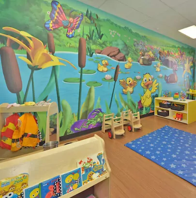 Classroom with children's books and toys, a blue mat with a star pattern on the floor, and a mural of a pond with ducks and butterflies on the wall.