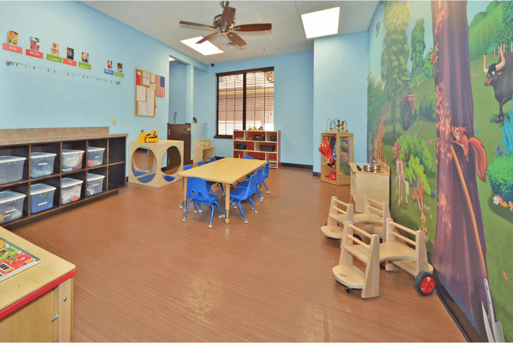 Childcare with a farm mural, blue walls, a table in the center with blue chairs, and multiple toy storage containers.
